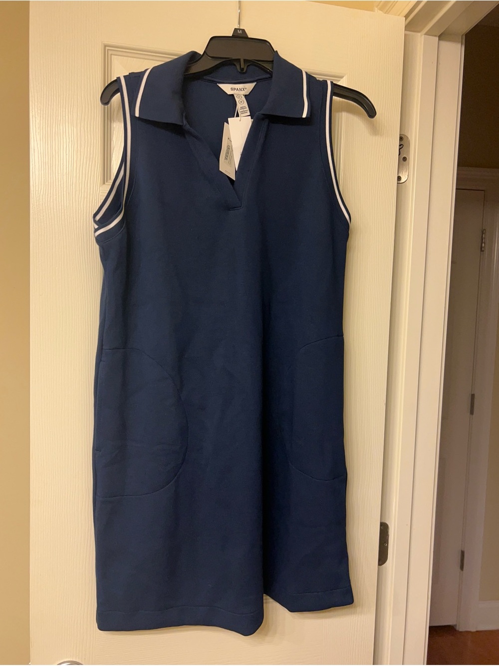 SPANX Air Essentials Airpique Timeless Navy Sleeveless Polo Dress w/White Trim